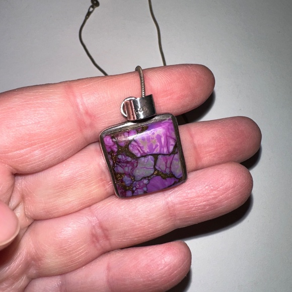 Purple Stone Pendant Necklace – Silver Chain – Unique Marbled Look - Picture 4 of 7